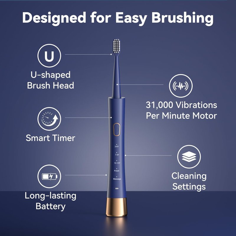 Orthodontic Electric Toothbrush for Braces - 6 U-Shaped Brush Heads, 5 Modes, IPX7 Waterproof | Rechargeable Sonic Clean