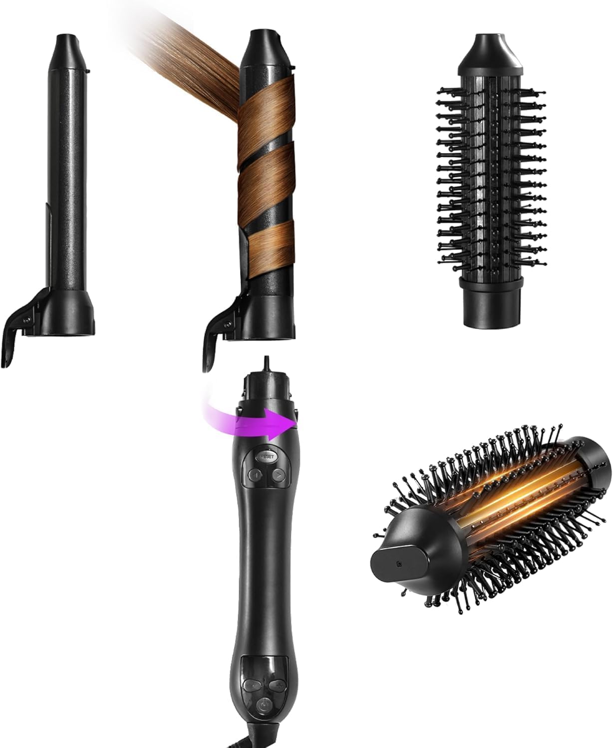 GLAMUP® 3 in 1 Detangle Curling Iron with Thermal Brush & 2 Barrel(1"-1.25") Set, Interchangeable, Ceramic Coating, BeachWaves, Gift Set