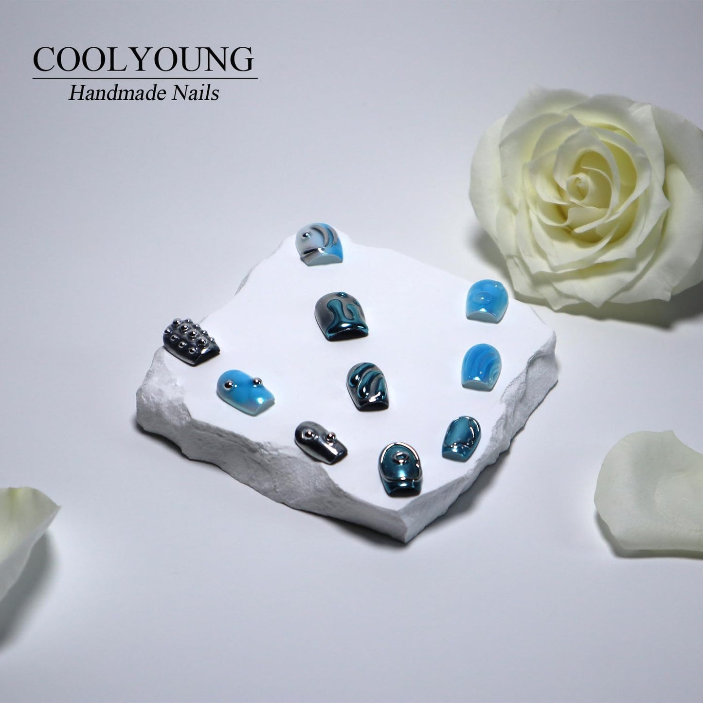 French Tip Cat Eye Press On Nails - 'Lonely Warrior' Black Square Nail Tips Set with Gift Box & Storage Bag