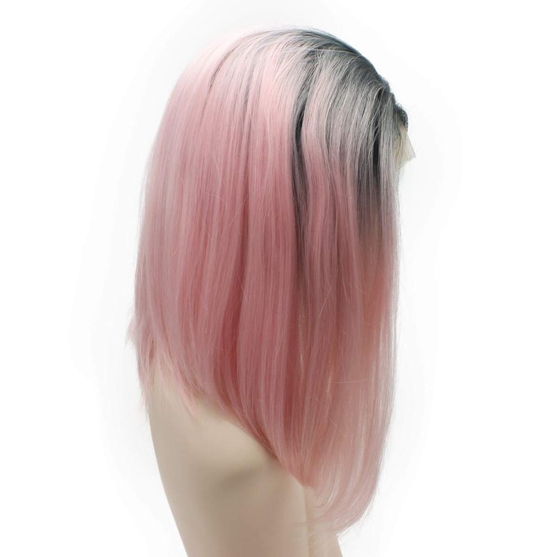 iwonawig Iewig Short Bob Straight Dark Roots Pink Wig Half Hand Tied Synthetic Lace Front Heat Friendly Fiber