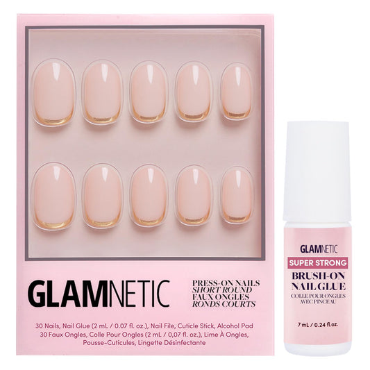 Glamnetic Press On Nails & Brush On Glue Bundle - Goal Digger | Glossy Short Round Reusable Nails with Super Strong Adhesive