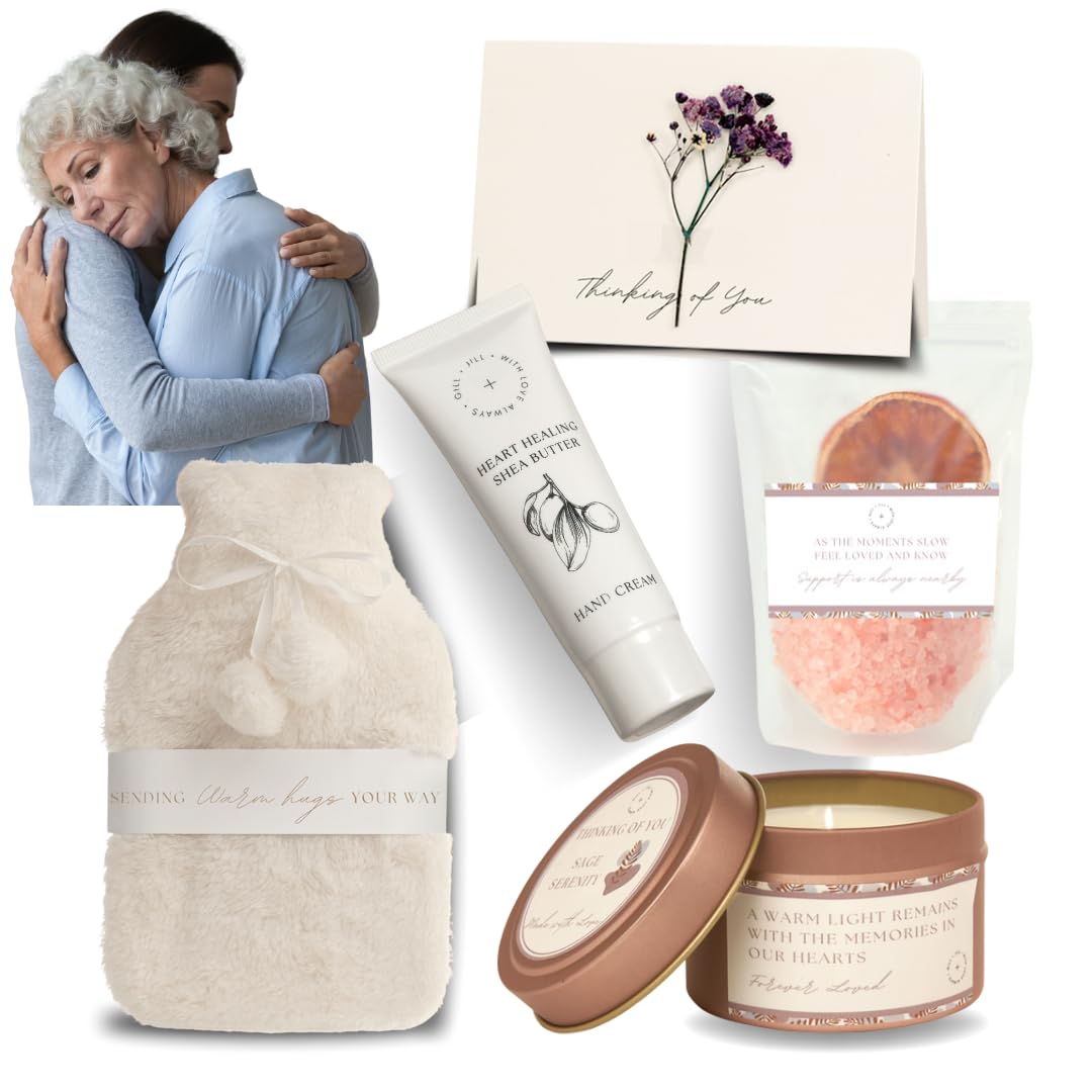 Sympathy Gift Baskets for Loss of Loved One – Bereavement Gift Basket with Bath Salts, Hot Water Bottle, Hand Cream, Sage Candle & Greeting Card – Sympathy Care Package, Condolences Gift for Women