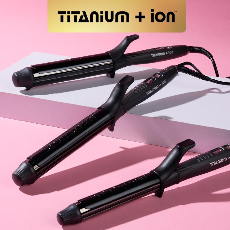 Olivia Garden Titanium + Ion Professional Curling Iron for All Hair Types - Includes Heat Resistant Heat Mat/Pouch and 1 Detangling Brush - 5 Heat Settings - 1.25” Long Barrel Diameter