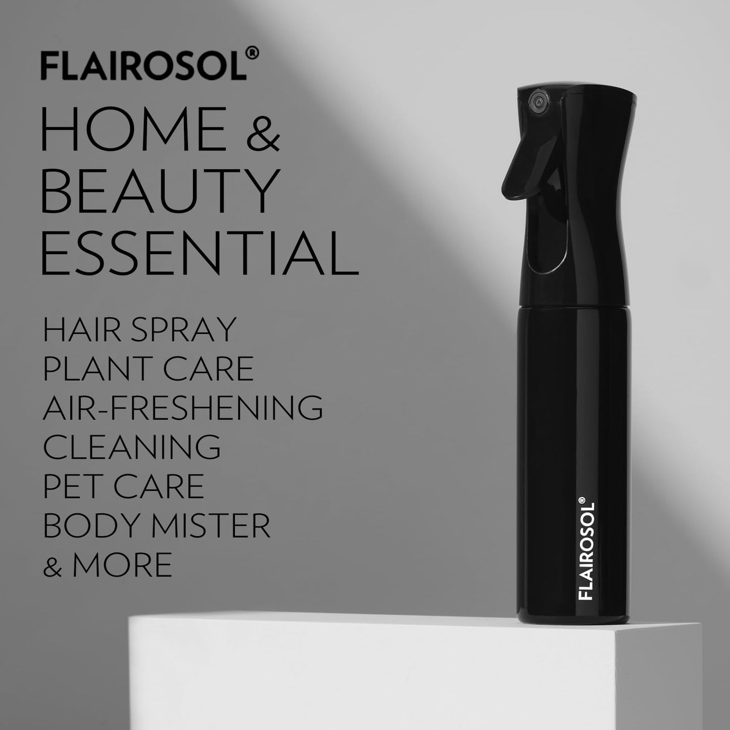 FLAIROSOL - The Original, Continuous Ultra Fine Mist Spray Bottle, White & Black Bottle for Hairstyling