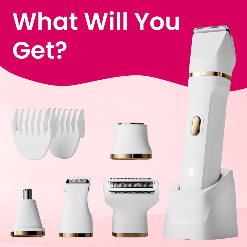 Electric Razors for Women, Valentines Day Gifts 5-in-1 Wet/Dry Bikini Trimmer with USB Charge Dock, Deluxe Facial Hair Removal, Wet/Dry Body Shaver for Nose Eyebrows Beard Underarm Leg Arm (White)