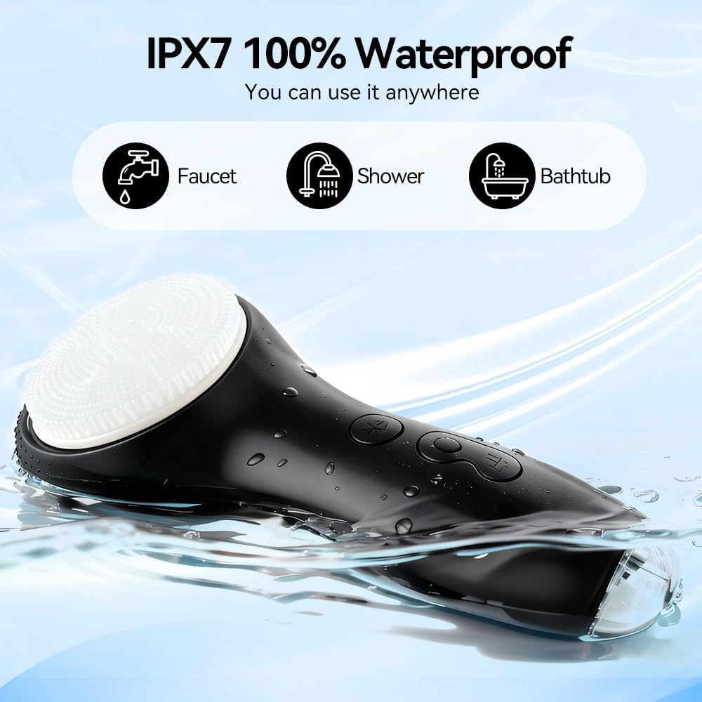 Electric Facial Cleansing Brush - Rechargeable Waterproof Exfoliator with Heat & Vibration | Deep Clean & Massage (Black)