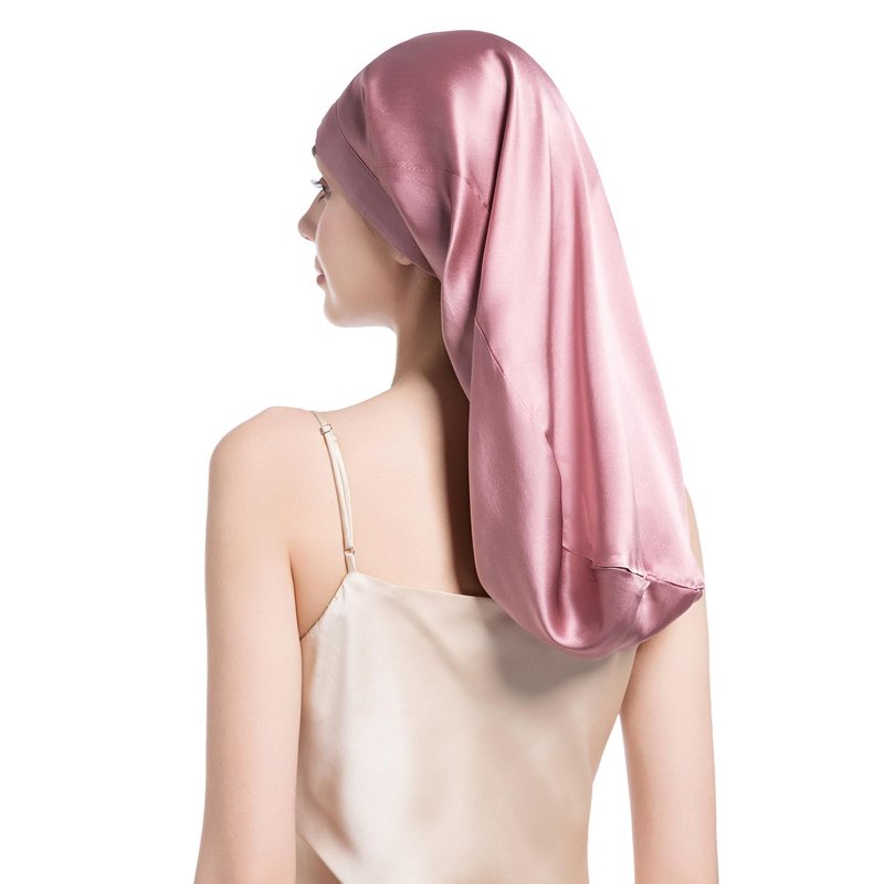 FATEGEART 19 Momme 100% Mulberry Silk Cap for Sleeping Women,Adjustable Long Silk Bonnet for Curly Hair Elastic Night Cap (US, Alpha, One Size, MauvePink)