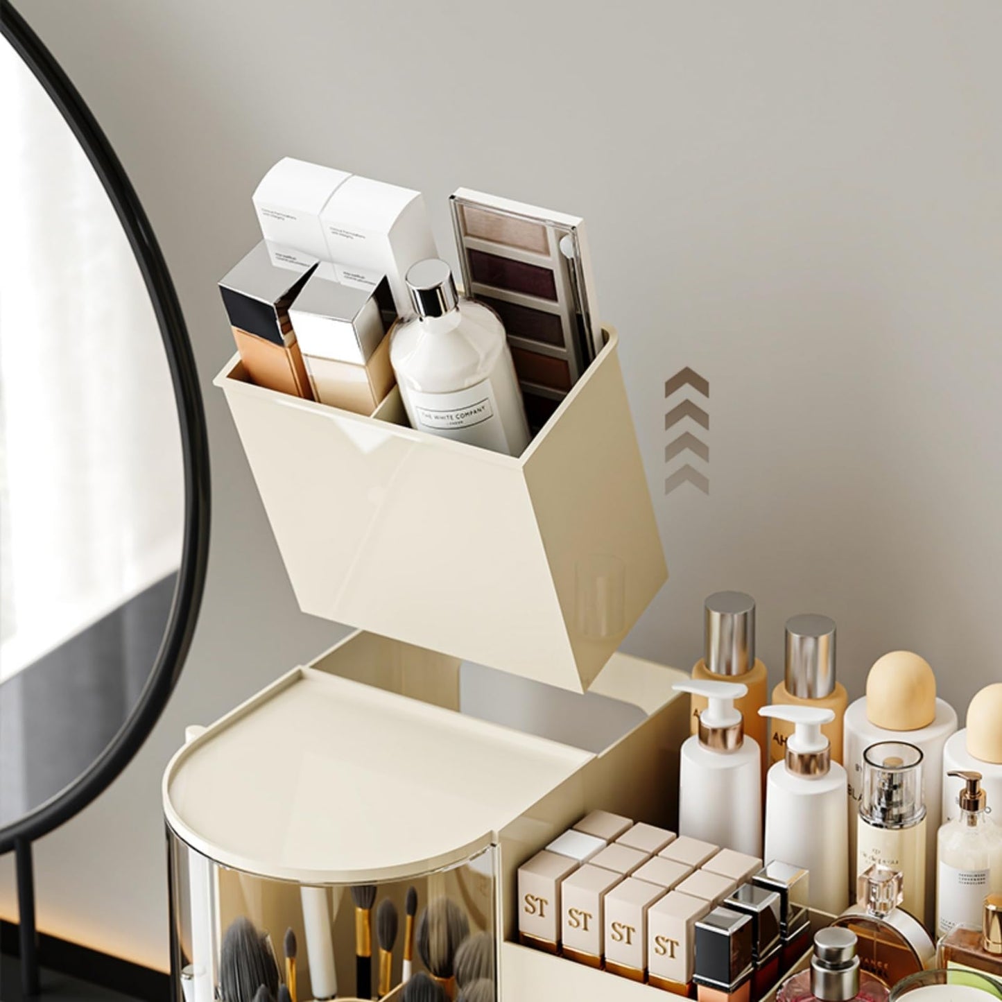 Makeup Organizer with Rotating Brush Holder Cosmetic Organizer with Drawers Countertop Skincare Organizer for Vanity,Cosmetic Display Case Storage (Cream, Large)