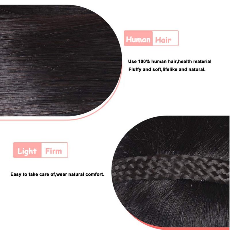 16" Women Human Hair Braided Headband Hairpiece Natural Looking Hairband Braids Human Hair Topper with Bangs Twist Braid Clip in Human Hair Extension Natural Black