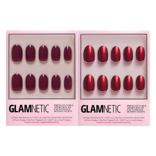 Press-On Nails Bundle - Berry Maroon & Cherry Glaze | Short Round Opaque Red False Nails
