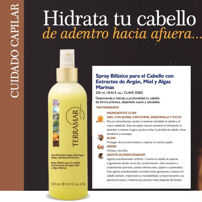 Terramar Two-Phase Hair Spray with Argan, Honey, Seaweed Extracts, Paraben Free, Detangling Conditioning Treatment, 8.45 fl oz
