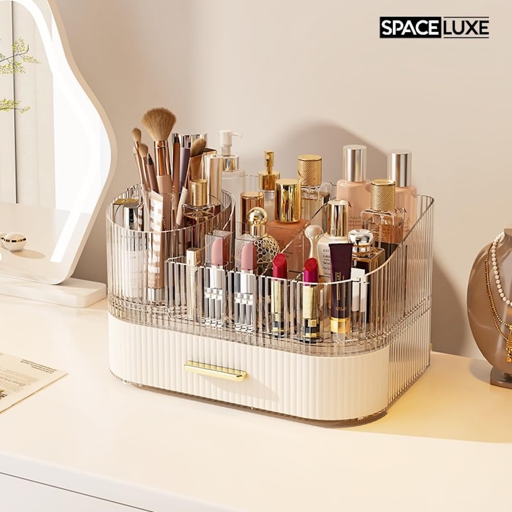SpaceLuxe Makeup Organizer with Drawers, 360° Rotating Brush Holder