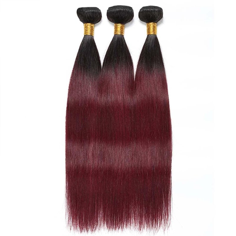 LUMWAV T1B/99J Straight Human Hair Bundles 10 12 14 Inch 3 Bundles Brazilian Virgin Remy Hair Extensions Ombre Burgundy Red Double Weft Weave for Black Women