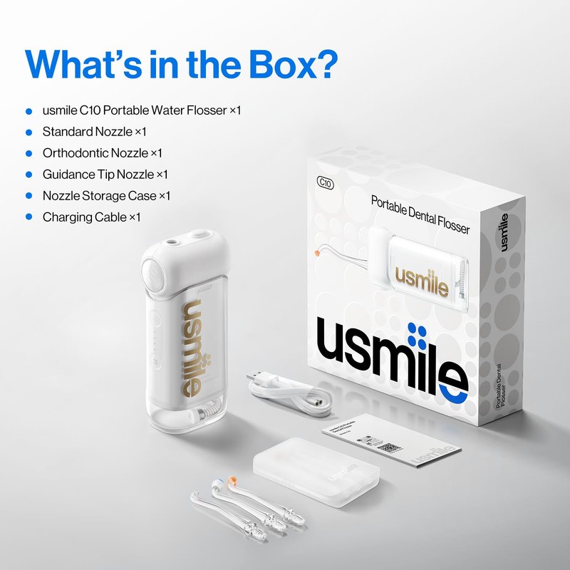 usmile C10 Portable Water Flosser for Travel – 95-Day Battery, 4 Modes, 360° Nozzle, 180ml Tank, IPX7 Waterproof, Dentist-Recommended for Braces, Implants & Sensitive Gums (White)