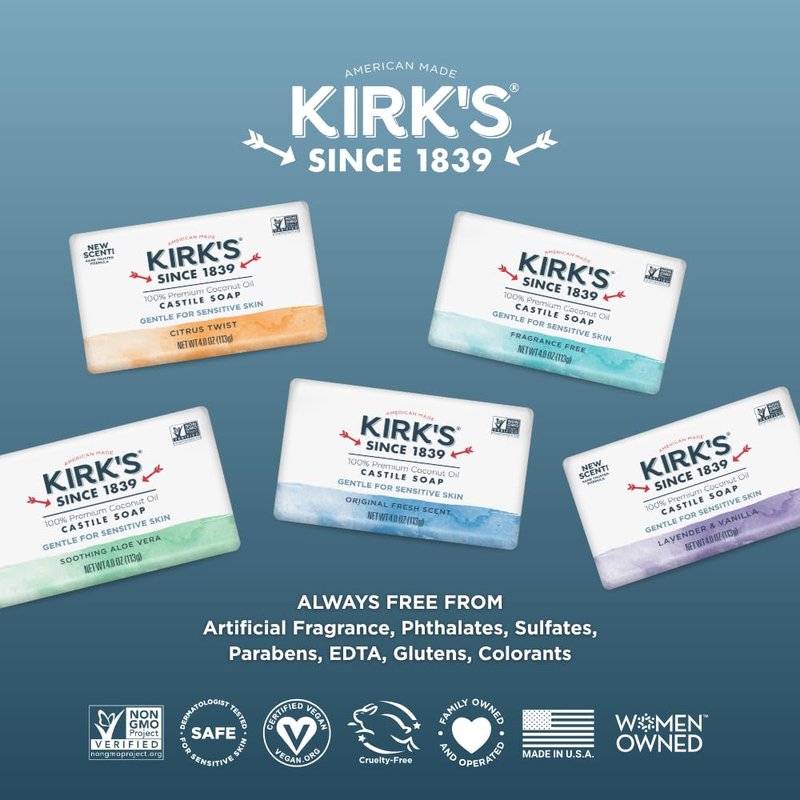 Kirk's Castile Bar Soap for Men, Women, & Children - Made with Premium Coconut Oil, Sensitive Skin Formula, Vegan, Non GMO, Original Fresh Scent, 4 oz. Bars, 24 Pack