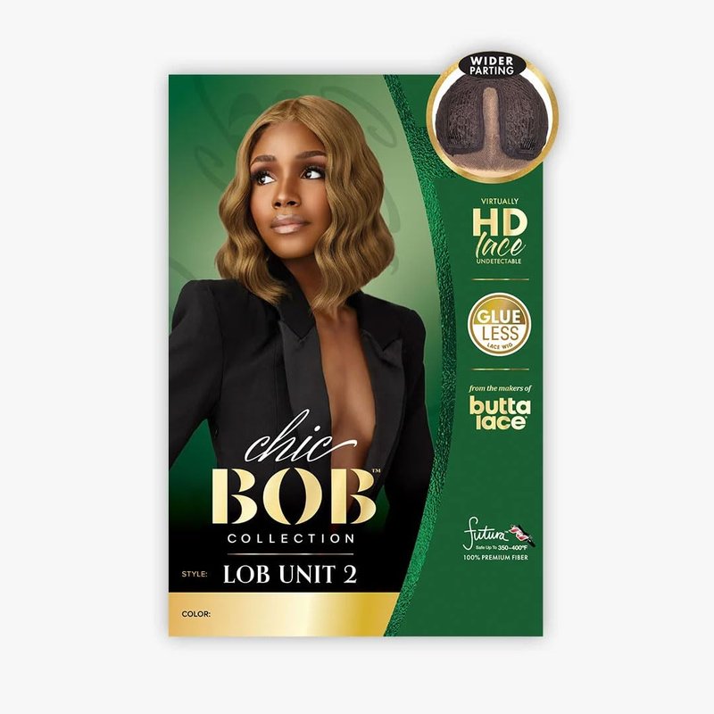 Sensationnel Chicbob Lace Frontwig - Lob Unit 2 Face Framing Glueless Wig Wide 5 Inch Deep Part Synthetic Preplucked Hairline (1B OFFBLACK)