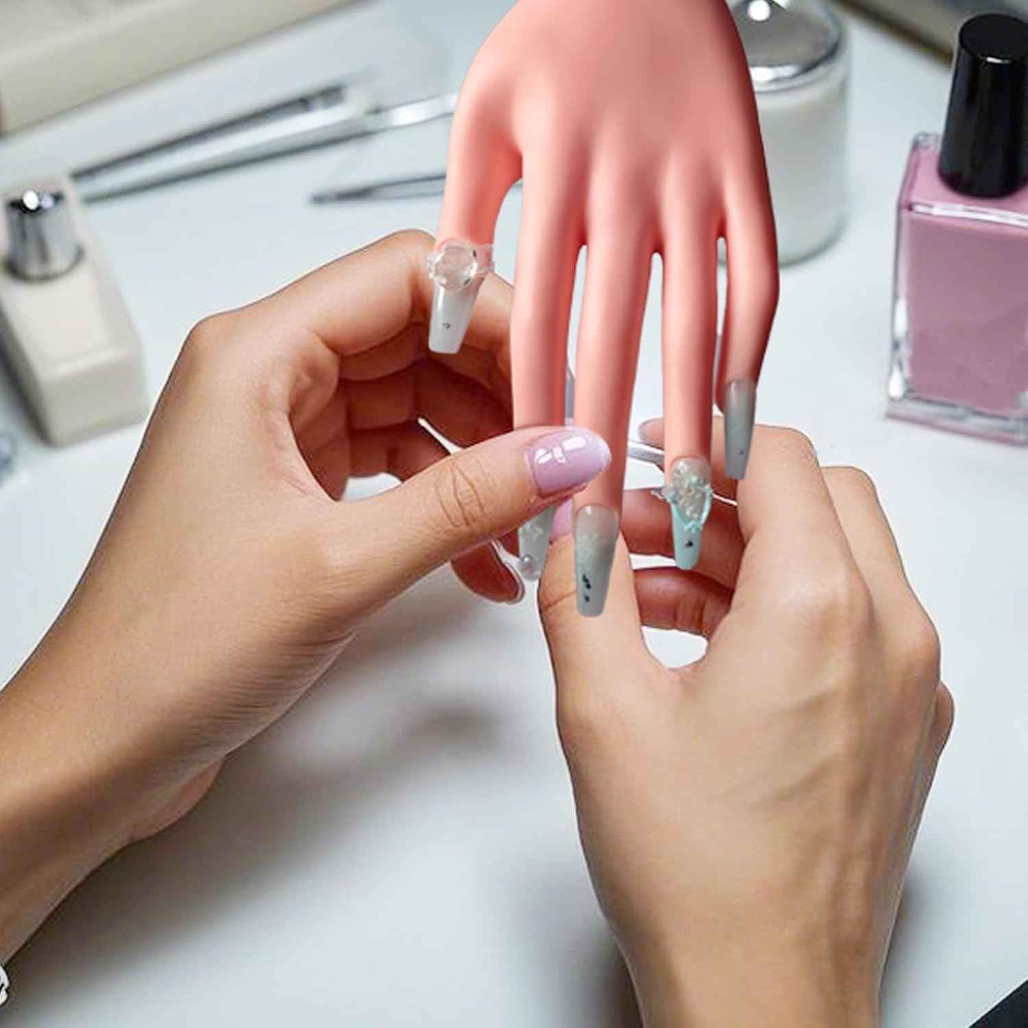 Acrylic Nail Practice Hand Kit with 100 Tips, Adhesive & Cat Eye Magnet - Bendable Manicure Trainer