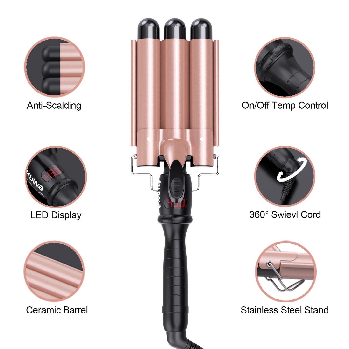 kuwa Crimper Hair Tool,3 Barrel Curling Iron,hairCrimper for Women,Hair Waver with LCD Temperature Display,Long-Lasting Natural Tight Waves