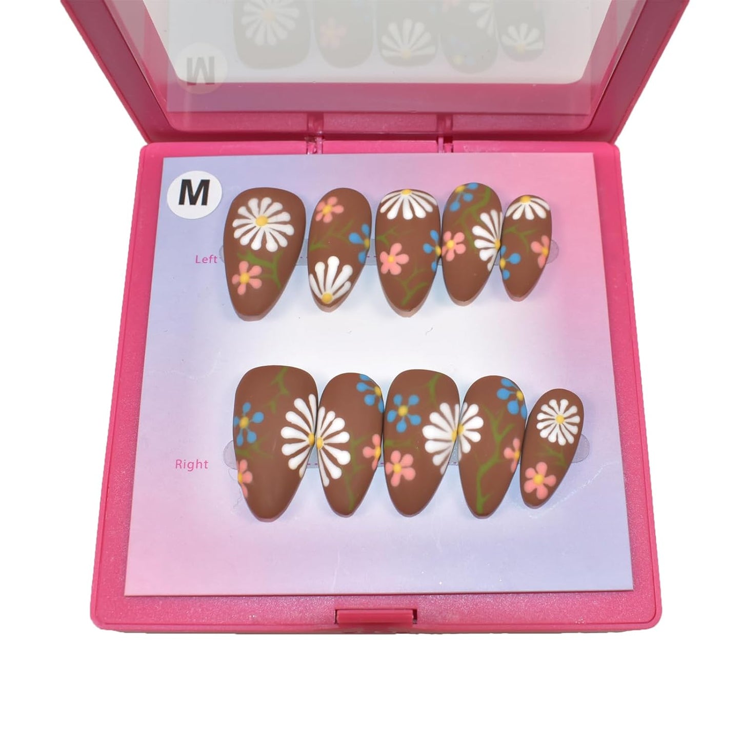 3D Blue Almond Press-On Nails with Carved Flower & Bubble Pearl - Handmade Acrylic Manicure, Medium Size