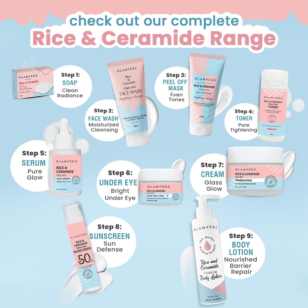 Glamveda Korean Rice & Ceramide 3 Step Skincare Routine| Face Wash, Facial Kit & Peel Off Mask | Skin Brightening & Anti Dullness | For Men and Women