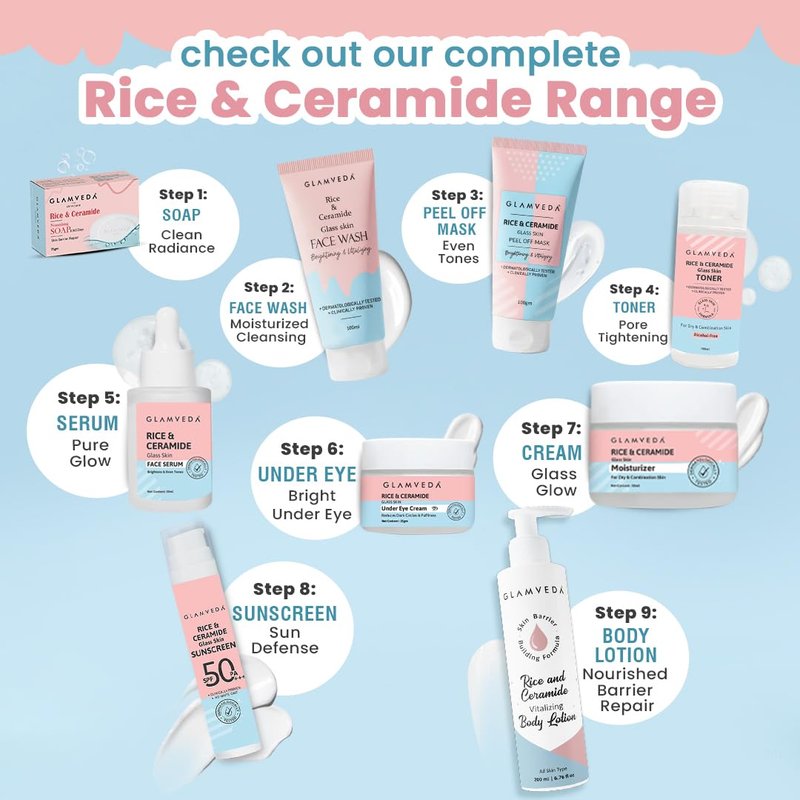 Glamveda Korean Rice & Ceramide 3 Step Skincare Routine| Face Wash, Facial Kit & Peel Off Mask | Skin Brightening & Anti Dullness | For Men and Women