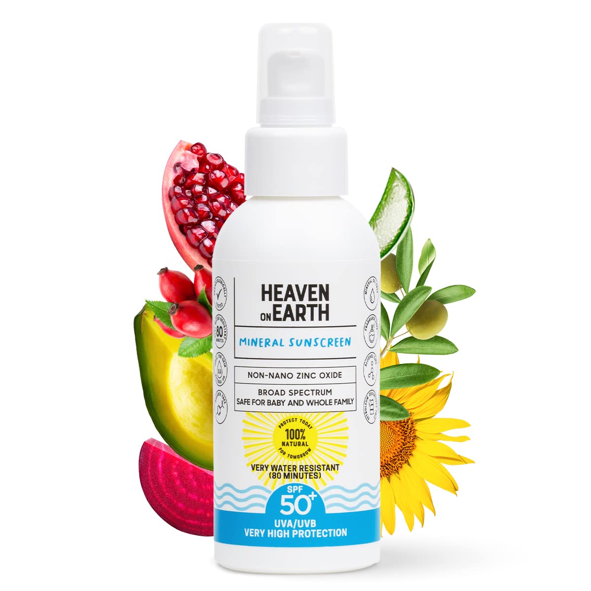 Natural and Vegan SPF 50+ Mineral Sunscreen for Full Body - Water Resistant (80 Minutes), Unscented, Titanium Dioxide FREE - Safe for Newborn and Whole Family - Non-Nano Best Sunscreen,100ml