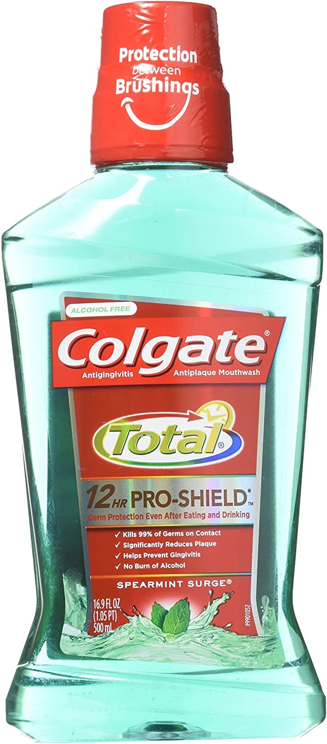 Colgate Total Pro-Shield Alcohol Free Mouthwash, Antibacterial Formula, Spearmint - 500 mL, 16.9 Fluid Ounce (6 Pack)