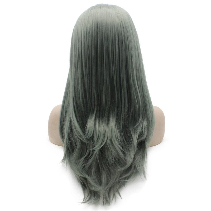 MX angel Heat Friendly Fiber Lace Front Natural Long Straight Dark Green Gray Lace Wig