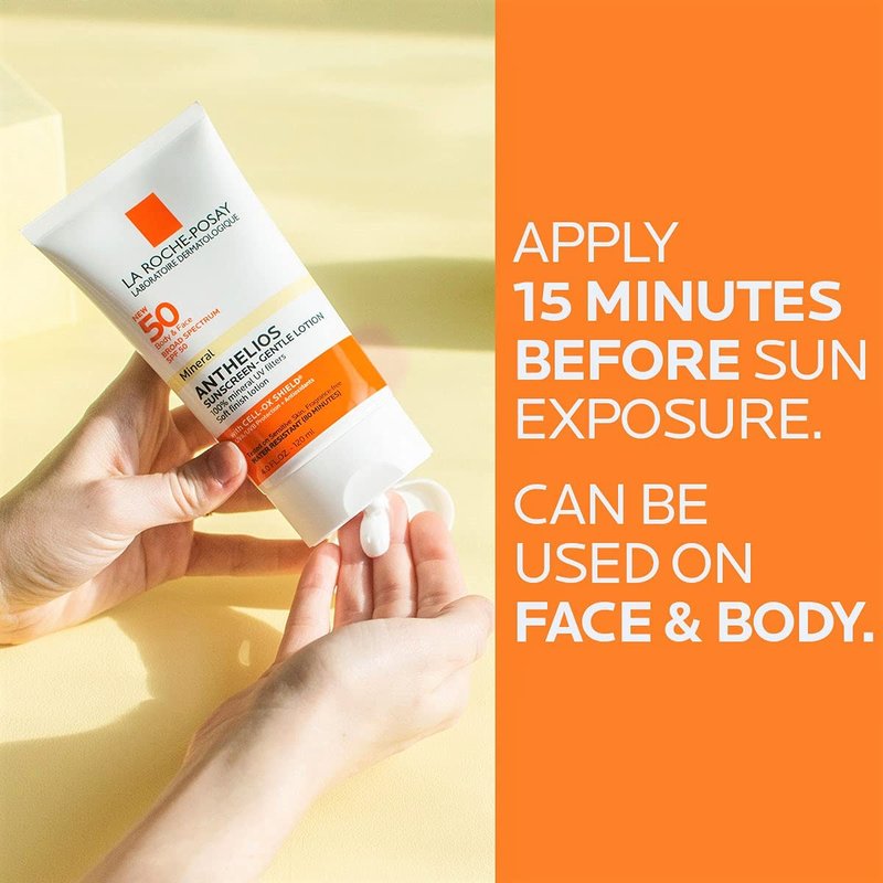 La Roche-Posay Anthelios Mineral Sunscreen SPF 50 Gentle Lotion, Broad Spectrum SPF + Antioxidants, Face & Body Sunscreen, Titanium Dioxide & Zinc Oxide, Oxybenzone Free, Oil Free
