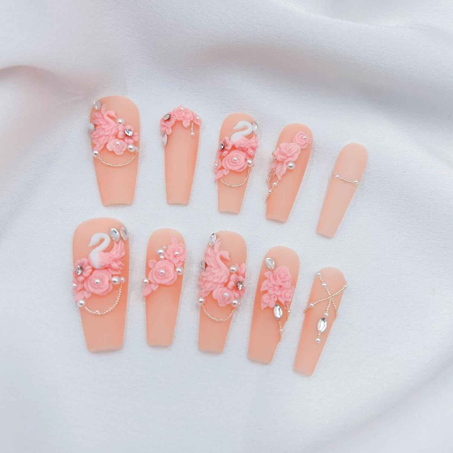 White Wedding 3D Flower Press-On Nails | Reusable Coffin Nails for Women - 20pcs (Pearl Romance, L)