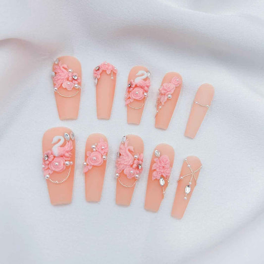 White Wedding 3D Flower Press-On Nails | Reusable Coffin Nails for Women - 20pcs (Pearl Romance, L)