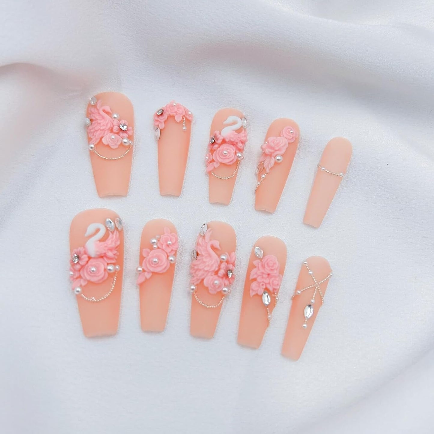 White Wedding 3D Flower Press-On Nails | Reusable Coffin Nails for Women - 20pcs (Pearl Romance, L)