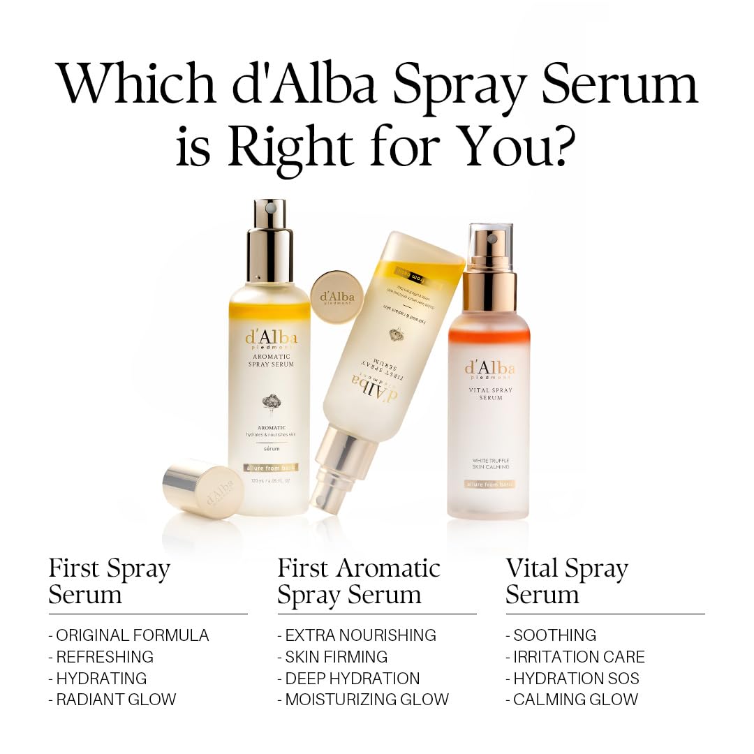 d'alba Piedmont White Truffle Vital Spray Serum, Vegan Skin Care, Calming and Hydrating Facial Mist for Red and Sensitive Skin, Glow Serum, Surfactant Free, Korean Skin Care (3.38 fl oz.)