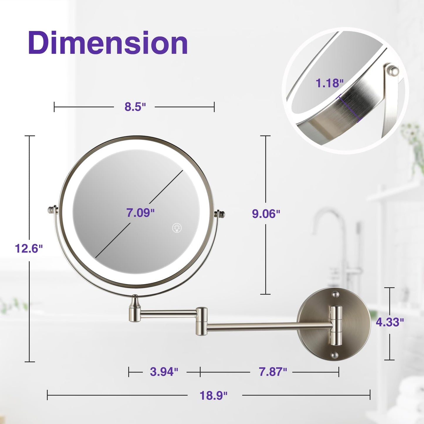 GREENFROM Magnifying Mirror with Lights 1x/15x: 8.5" Double Sided Wall Mounted Lighted Makeup Mirror for Bathroom, Brushed Nickel
