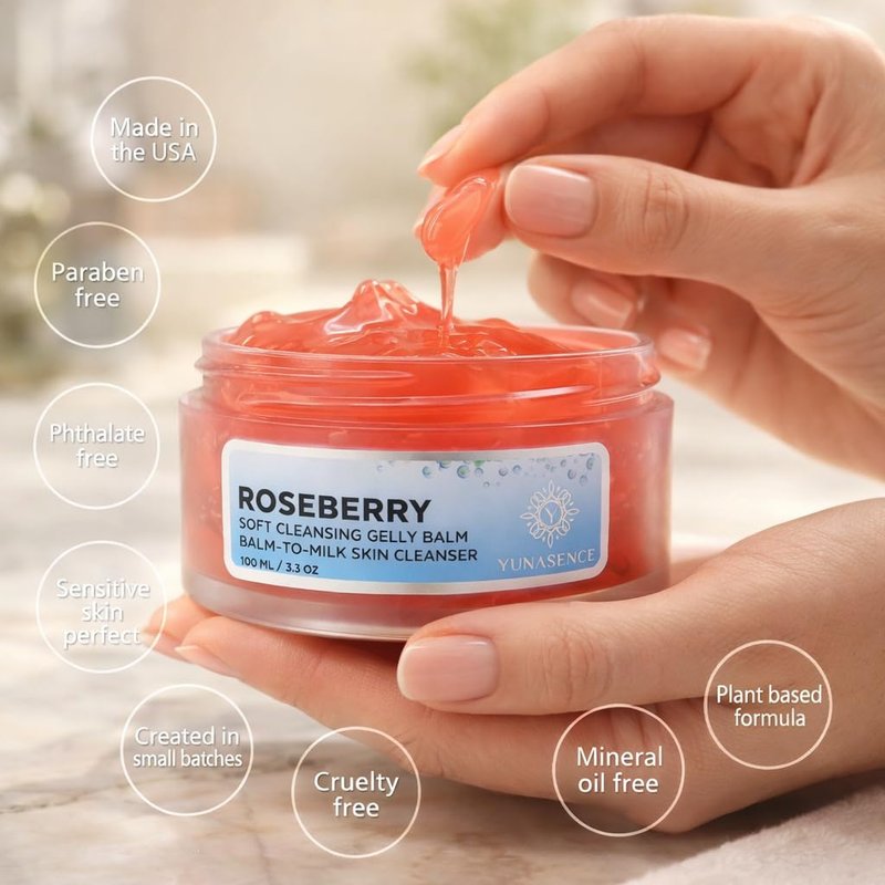 YUNASENCE Roseberry Soft Cleansing Gelly Balm - Phytoaromatic Balm-to-Milk Cleanser for Dry & Sensitive Skin | 3oz