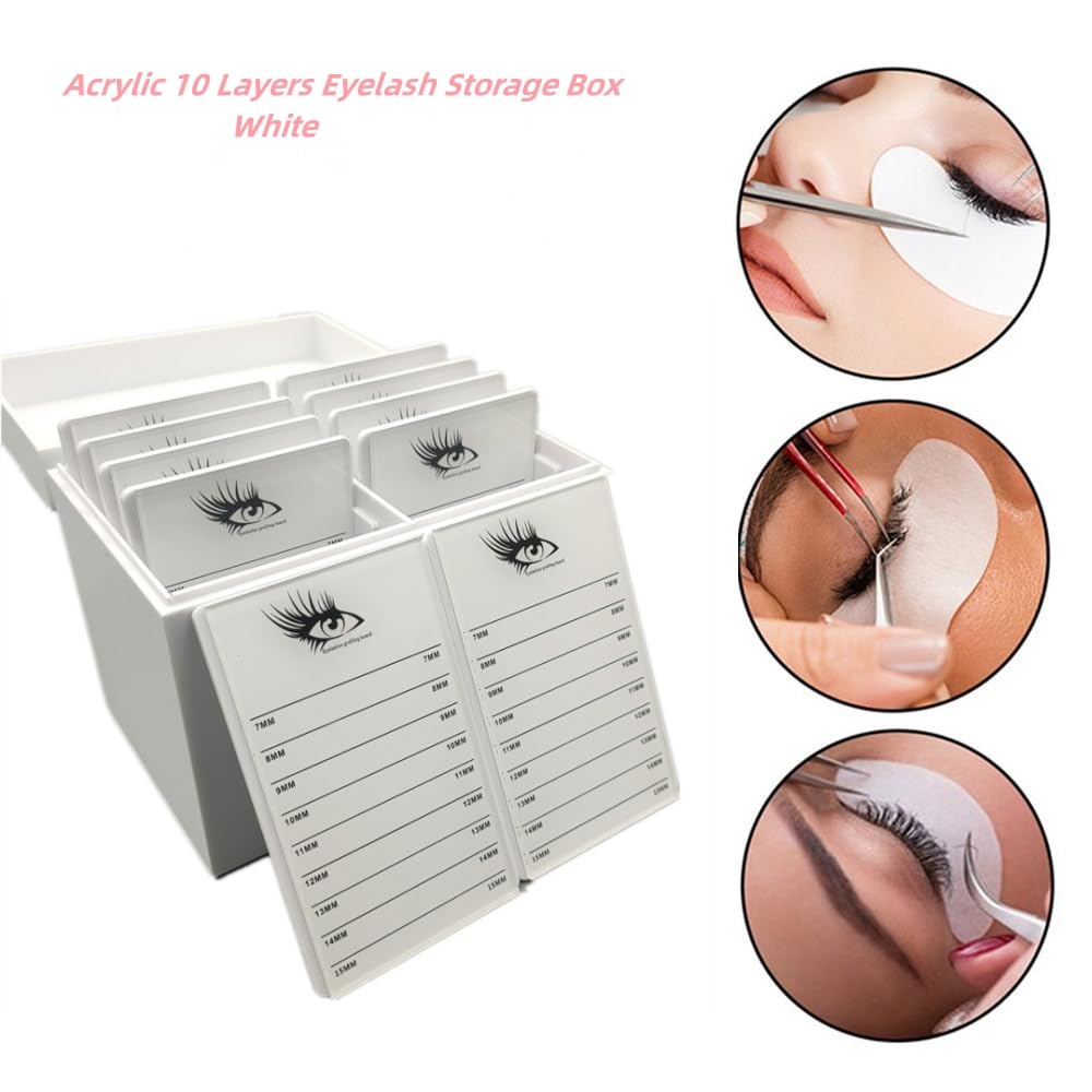 LIXIMMAZN 10 Layers Acrylic Eyelash Storage Box,Eyelash Holder Extension Tool,Makeup Organizer False Eyelashes Glue Pallet Holder, Grafting Eye lashes Close-Packed Display with 10 Pallets (White)