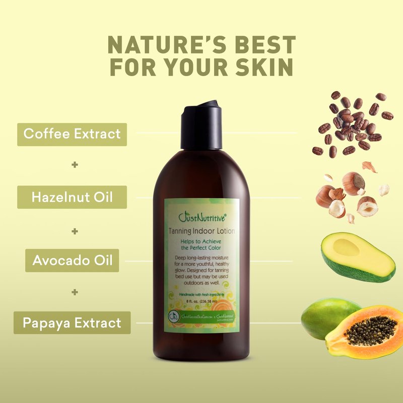 Just Nutritive Indoor Tanning Lotion | Natural Tanning Bed Moisturizer to Accelerate, Extend & Maintain Tan | With Aloe, Coffee, Papaya & Vitamin E | Non-Bronzing Formula | 8 Fl Oz