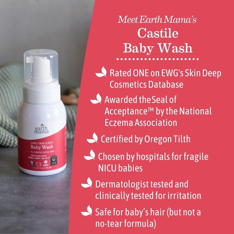 Earth Mama Simply Non-Scents Baby Wash Foaming Hand Soap, All-Purpose Fragrance Free Body Wash for Sensitive Skin, Castile Soap with Coconut Oil, Shea Butter, Calendula, & Aloe, 6.27 fl oz