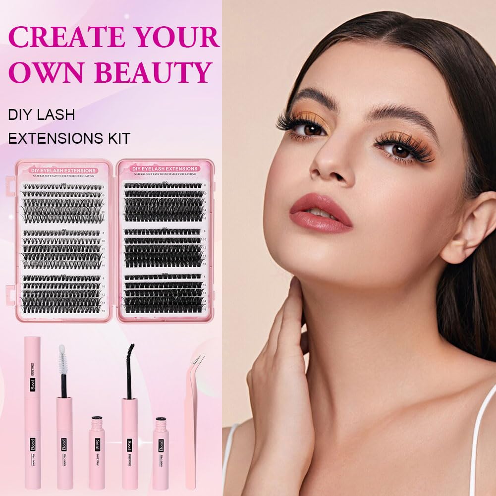 AOMIG Cluster Eyelash Extensions Kit, 570PCS Volume Fluffy Lash Clusters, 8-16mm Individual Lashes Kit with Eyelash Bond and Tweezers, Thick Eye Lash Clusters DIY Cat Eye Lashes Natural Looking
