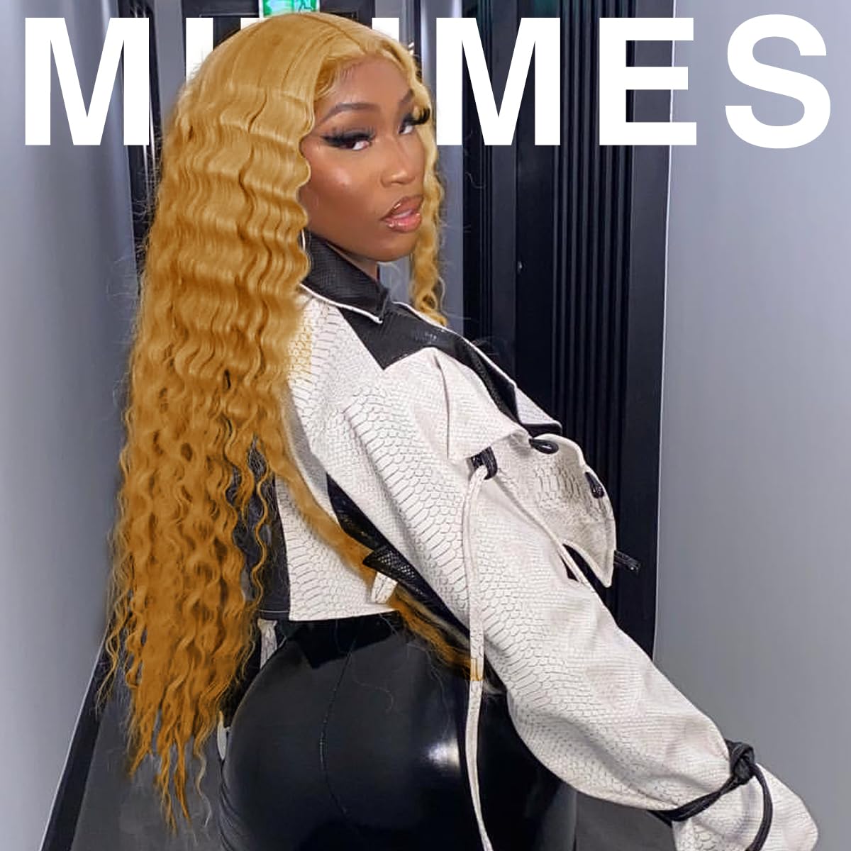 MITIMES 30inch HD Crimp Curly Lace Front Wig for Black Women Pre Plucked Human Hair Blended Synthetic Butter Loose Deep Wave Lace Frontal Curly Wigs(30Inch, Black)