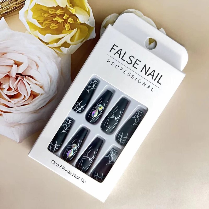 Black Halloween Press on Nails Long with Spider Web Designs, Full Cover Halloween Fake Nails Glossy Halloween Glue on Nails Long Halloween Nails for Women, 24 Pcs