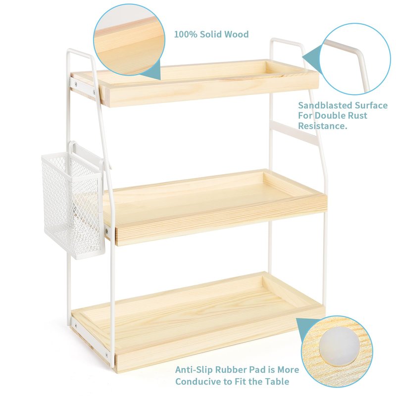 Uneviesyka Bathroom Counter Organizer, 3-Tier Standing Storage Shelf with Basket, Wood Tray for Skincare Vanity Organizer(White)