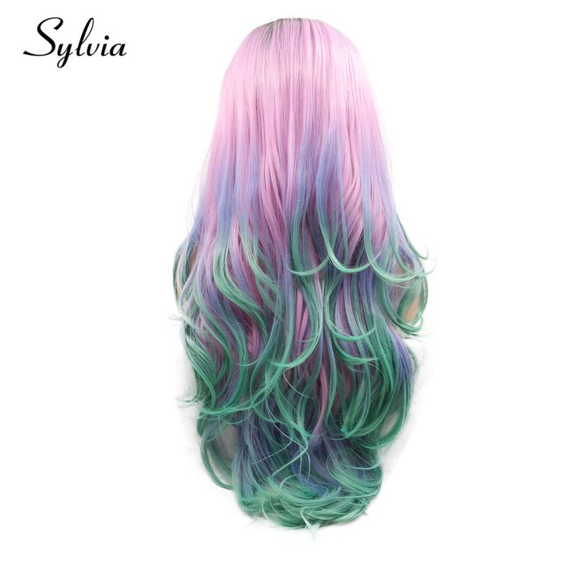 Sylvia Pink Purple Green Ombre Body Wave Synthetic Lace Front Wigs with Dark Roots 180% Density Multi color Half Hand Tied Heat Resistant Fiber Hair for Woman