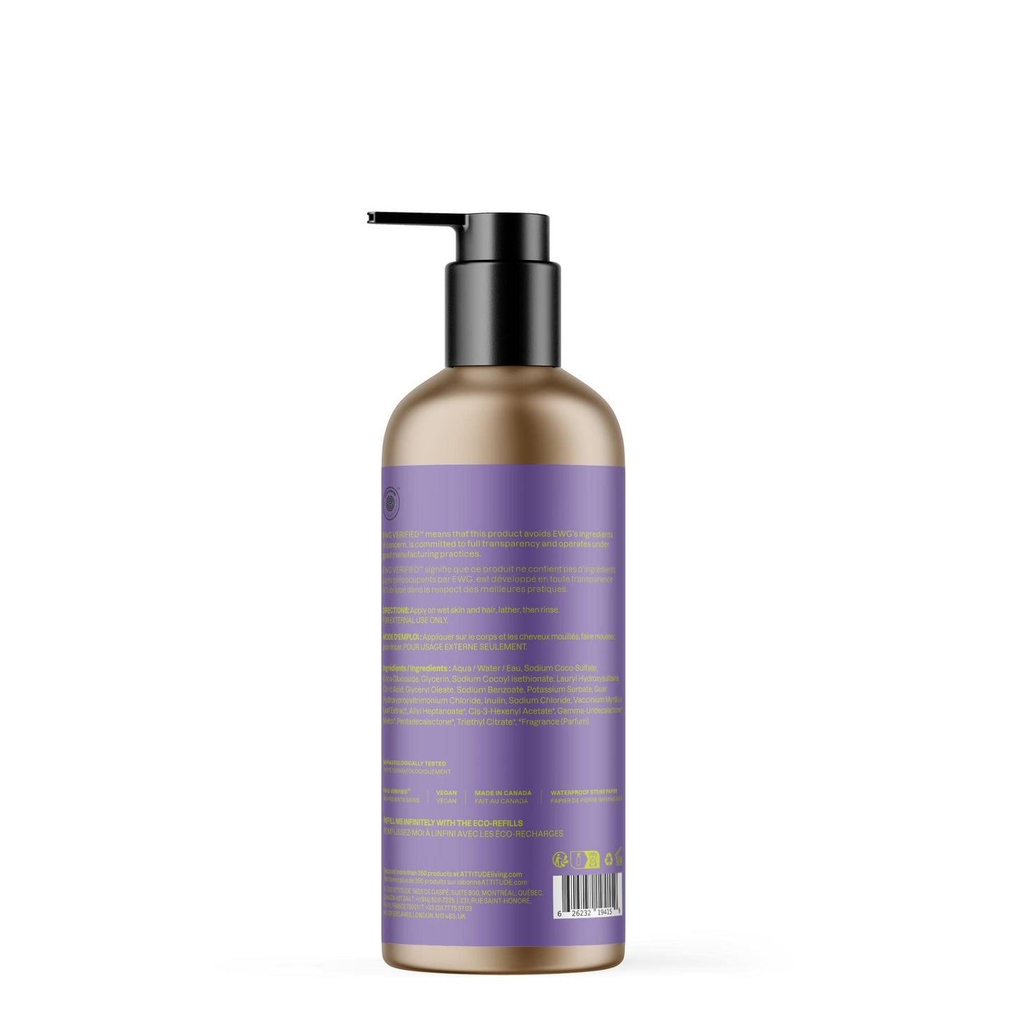 ATTITUDE Shampoo and Body Wash for Kids, EWG Verified Hair and Body Cleanser, Dermatologically Tested Soap, Plant and Mineral Based Bath Products, Vegan, Refillable Bottle, Vanilla and Pear, 16 Fl Oz