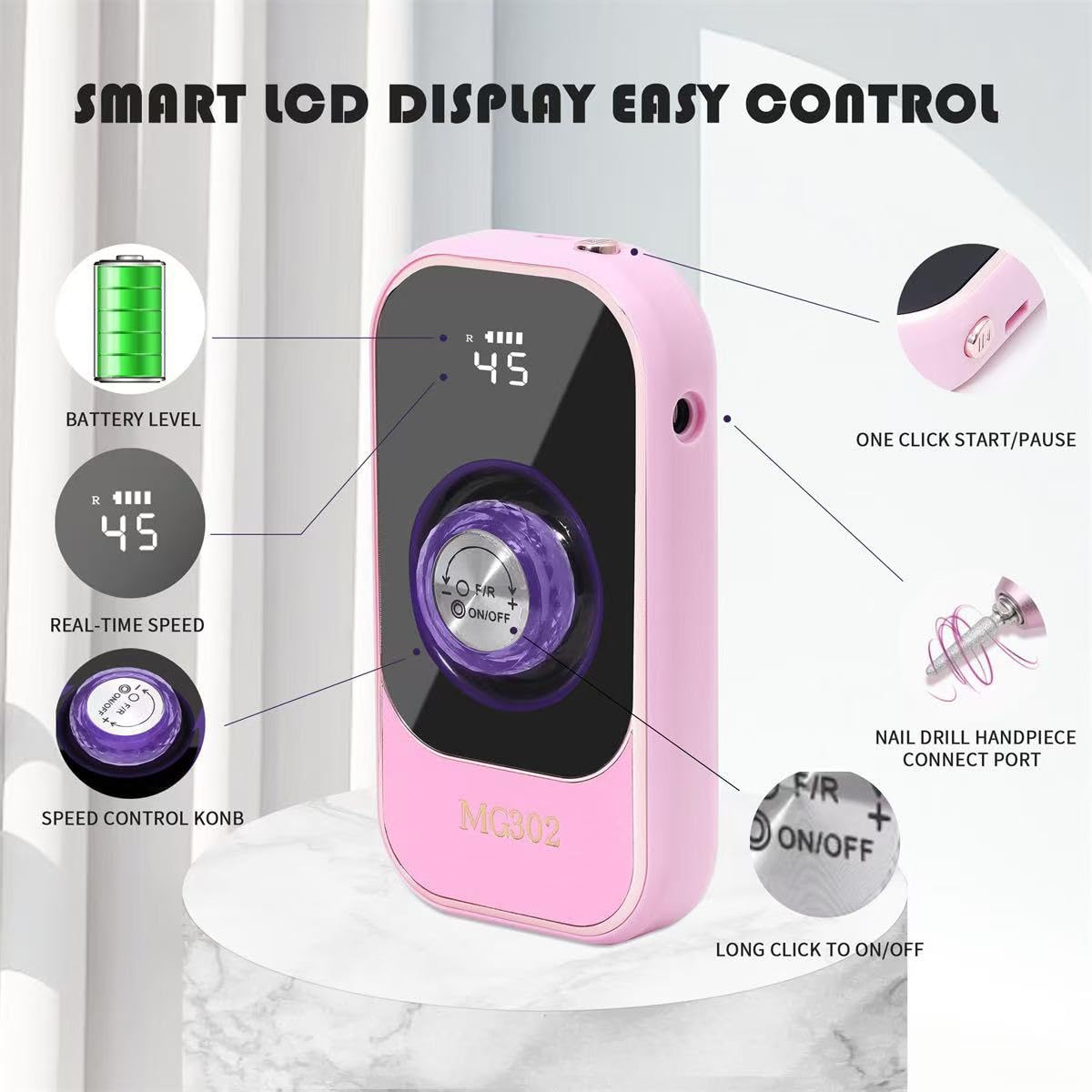 Portable Nail Drill - 45000RPM Electric File for Acrylic Nails | Cordless Rechargeable E-File with Bits & Base