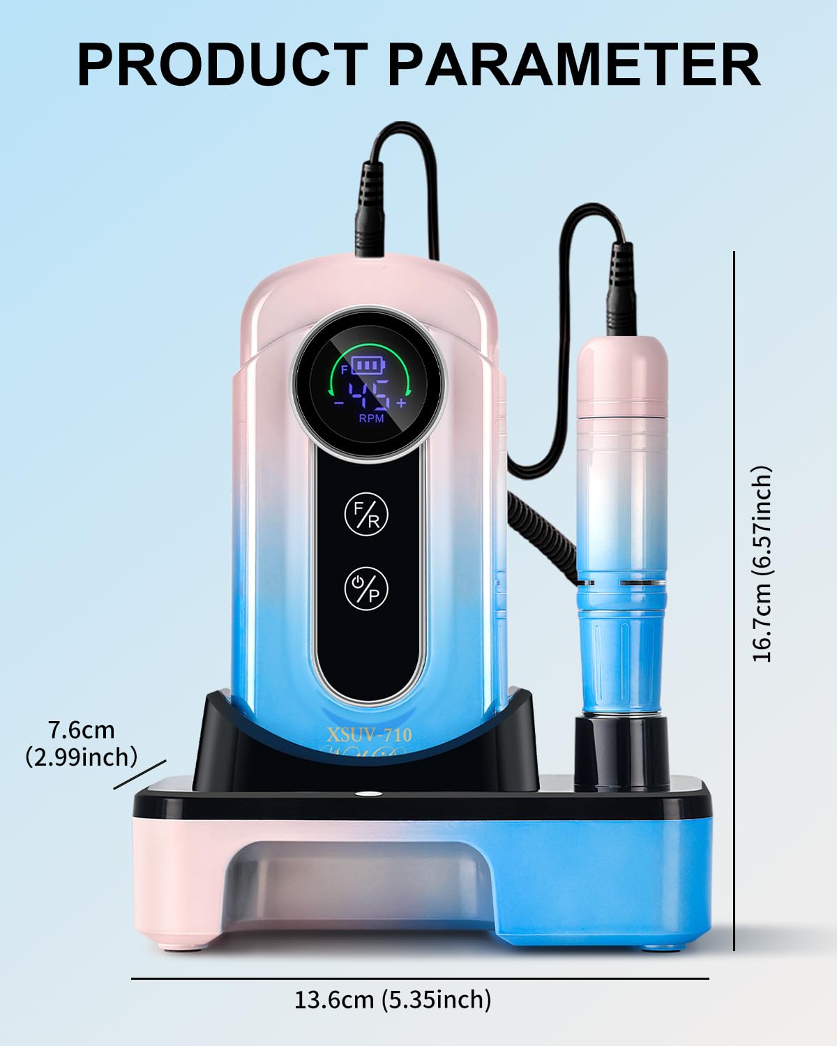 Professional Electric Nail Drill Kit - 45000RPM Cordless Rechargeable Efile for Acrylic & Gel Nails | Gradient Blue
