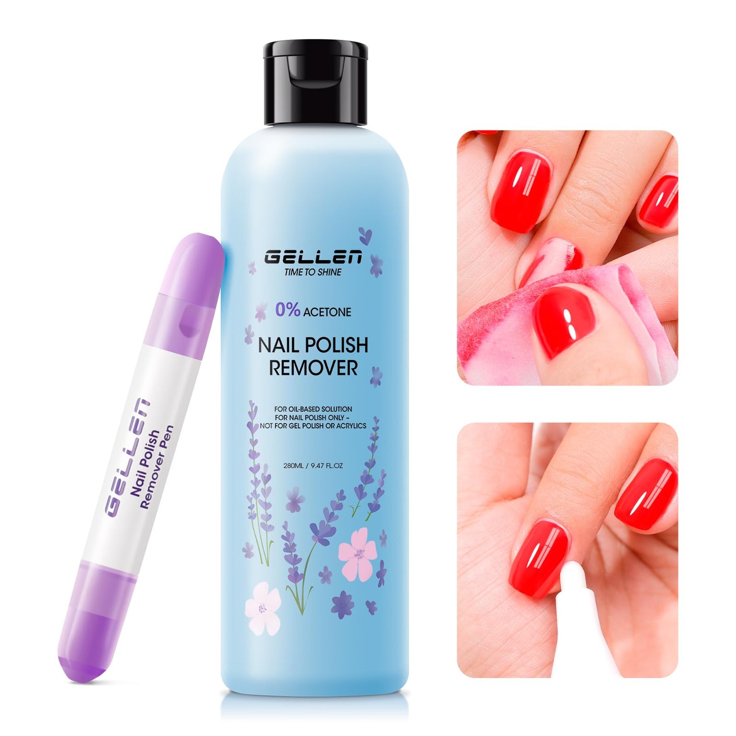Gellen Nail Polish Remover Set with Corrector Pen, 280ml Ocean Breeze Scent Non-Acetone Nail Polish Remover, Precision Pen with 3 Refill Tips Easy Use | Rapidly Removes Natural and Glitter Nails