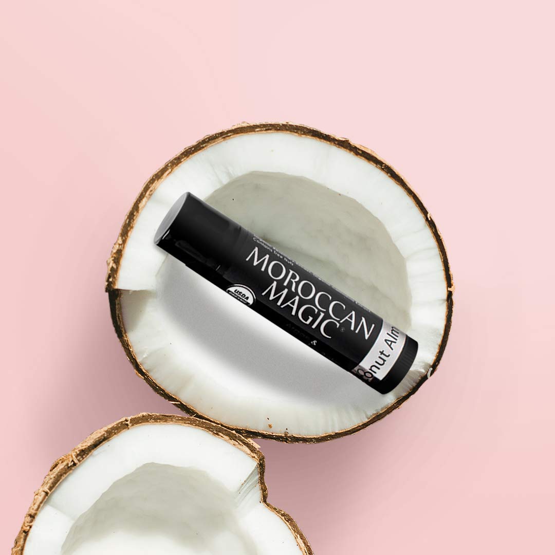 Moroccan Magic Organic Coconut Almond Lip Balm 3 Pack | Ultra-Hydrating Argan & Essential Oil Lip Moisturizer + Vitamin E | Natural Chapstick for Dry Lips | Smooth, Non-Toxic | Organic Lip Balm