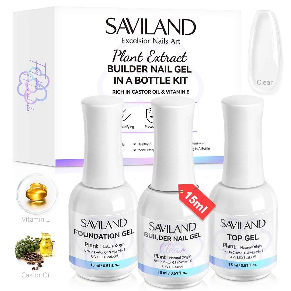Builder Nail Gel with Air Cushion Design - 15ml Vitamin E Base & Top Gel Set (3 Pcs)
