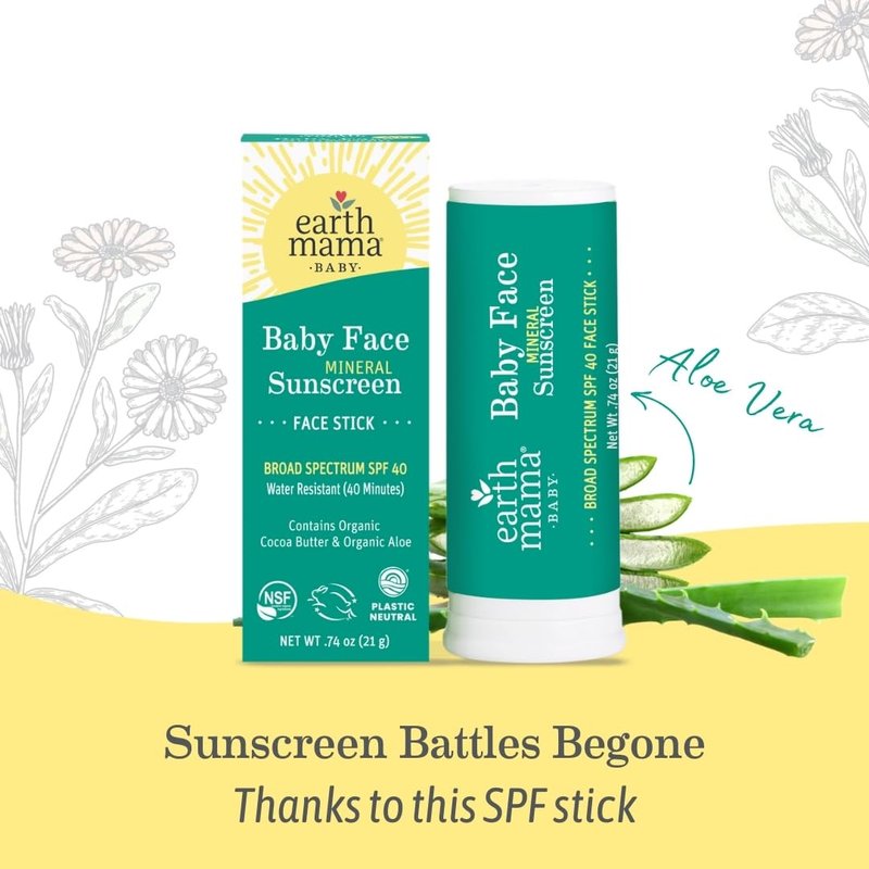 Earth Mama Baby Face Mineral Sunscreen Stick SPF 40 | Non-Nano Zinc, Water-Resistant Protection for Kids & Family - 0.74 oz